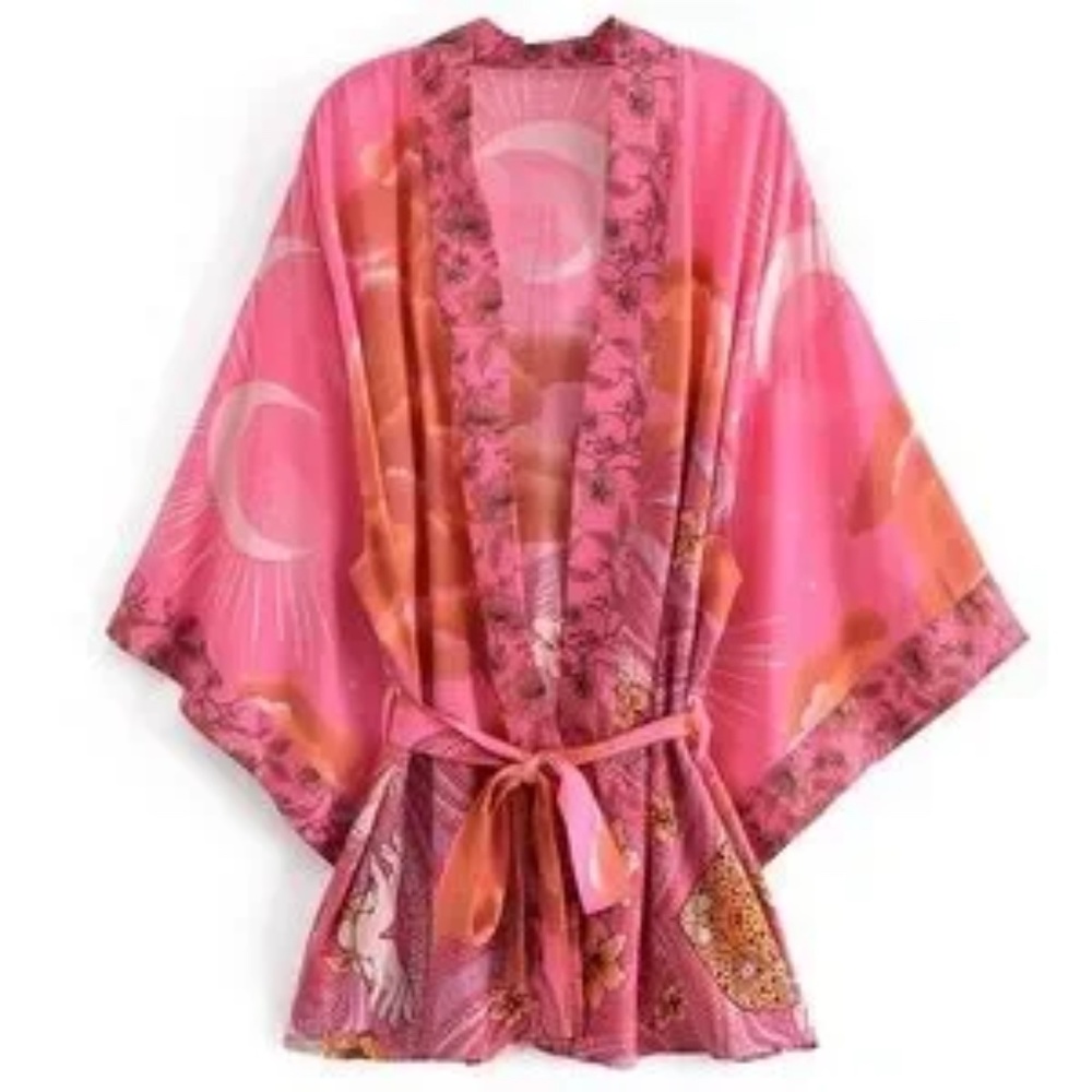 SOLD OUT Fuchsia Pink Cosmic Galaxy Moon Boho Short Kimono Coverup Robe - Picture 1 of 9